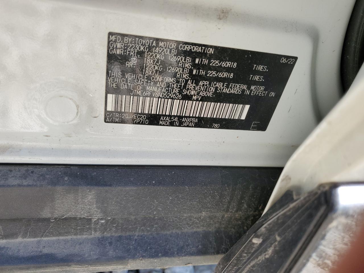 2022 TOYOTA RAV4 XSE VIN:JTME6RFV6ND529626