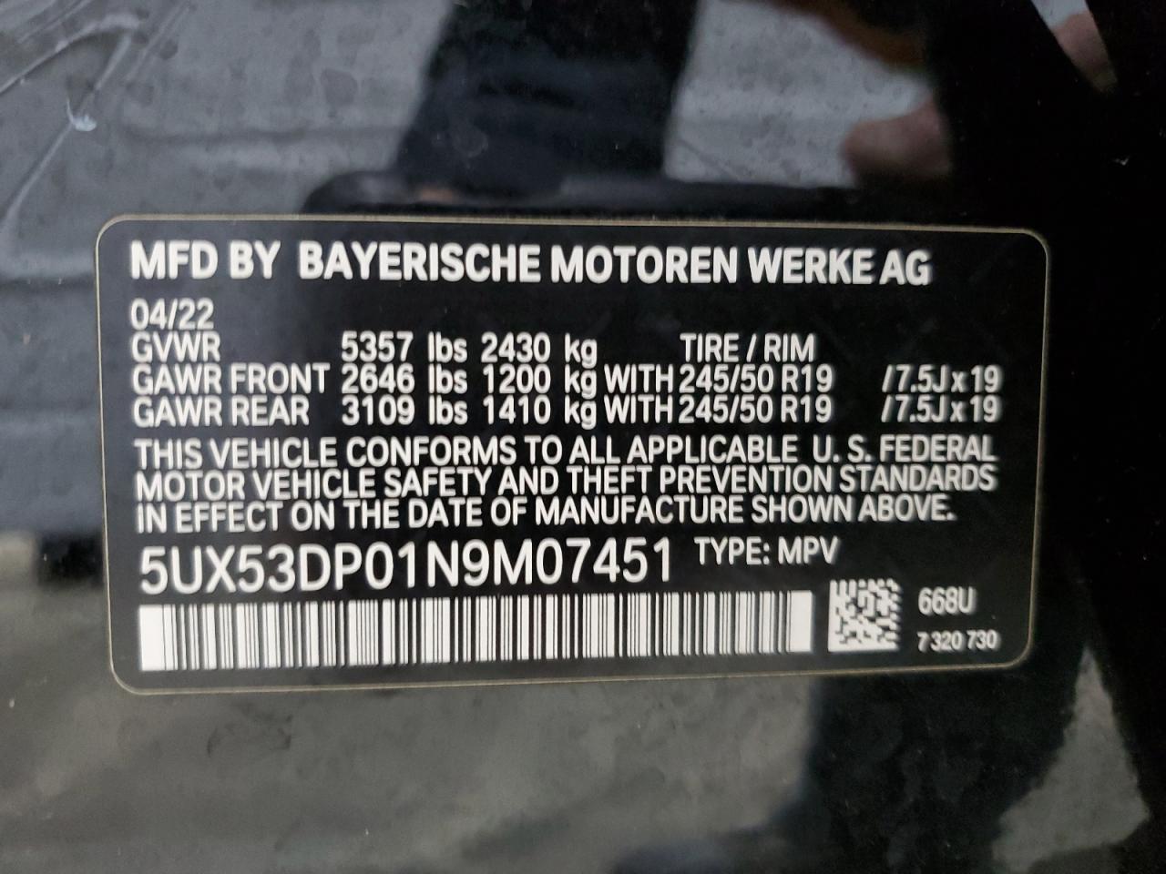 2022 BMW X3 XDRIVE30I VIN:5UX53DP01N9M07451