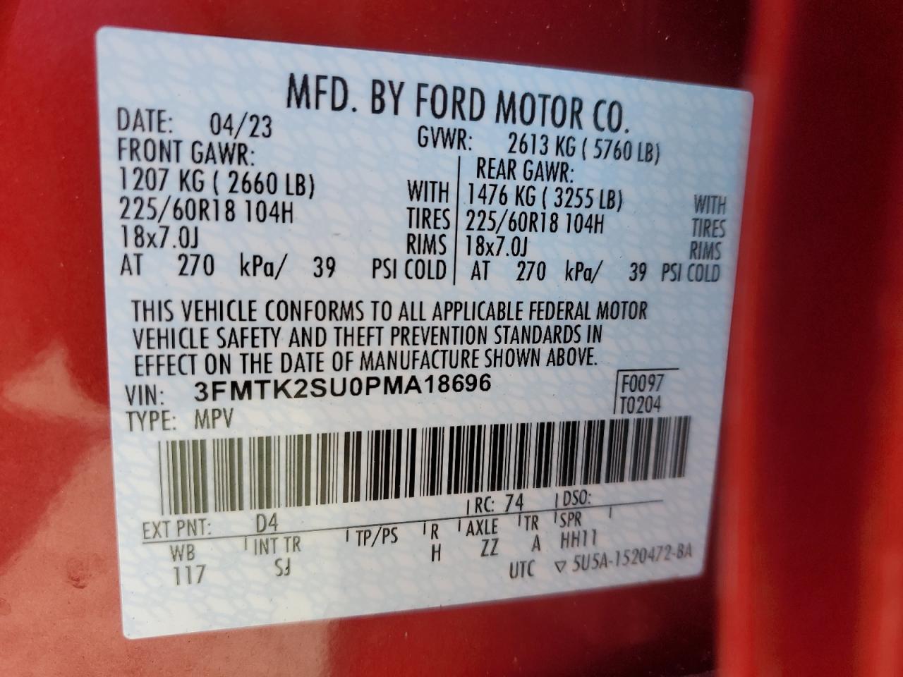 2023 FORD MUSTANG MACH-E CALIFORNIA ROUTE 1 VIN:3FMTK2SU0PMA18696