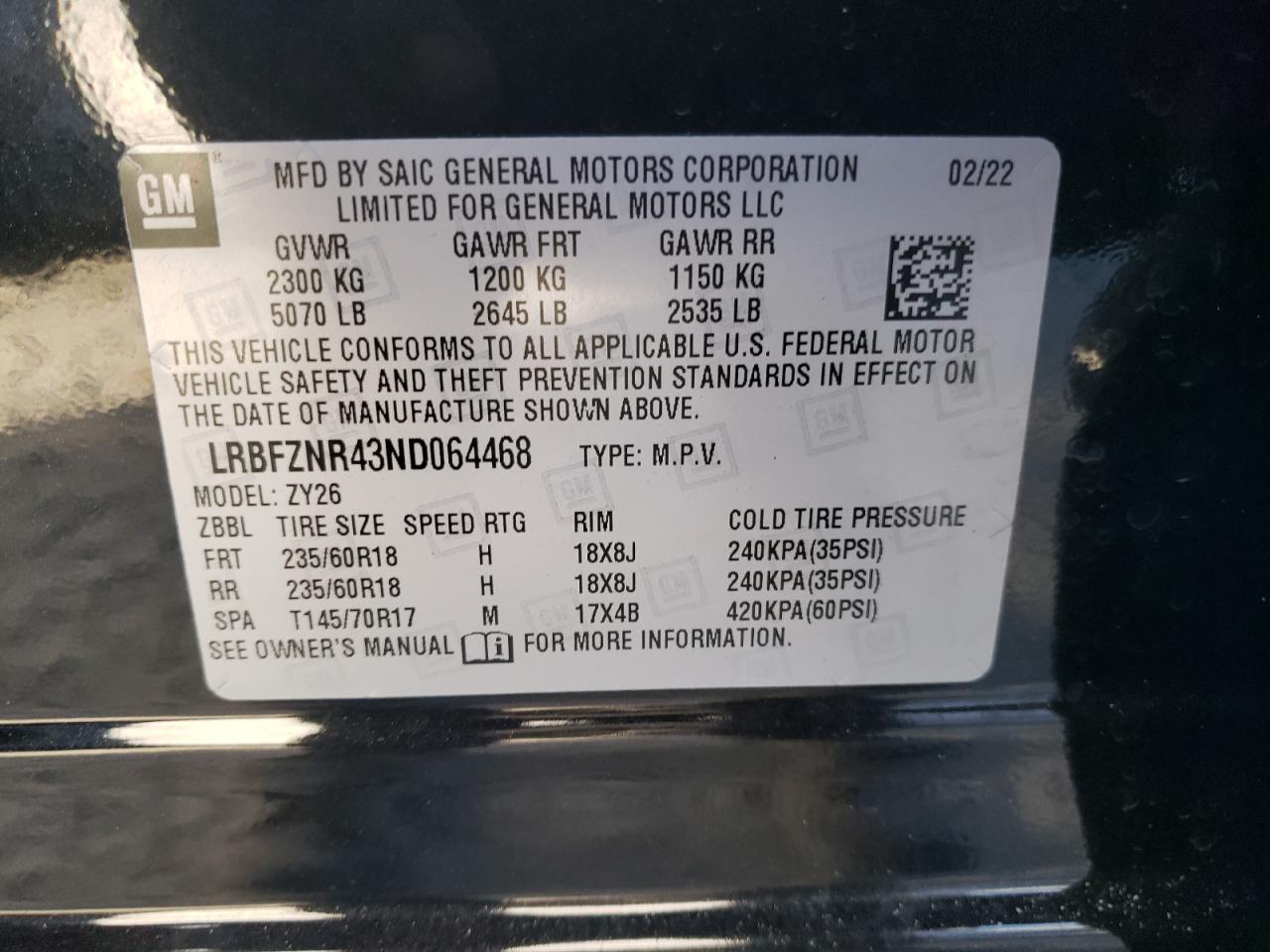 2022 BUICK ENVISION ESSENCE VIN:LRBFZNR43ND064468