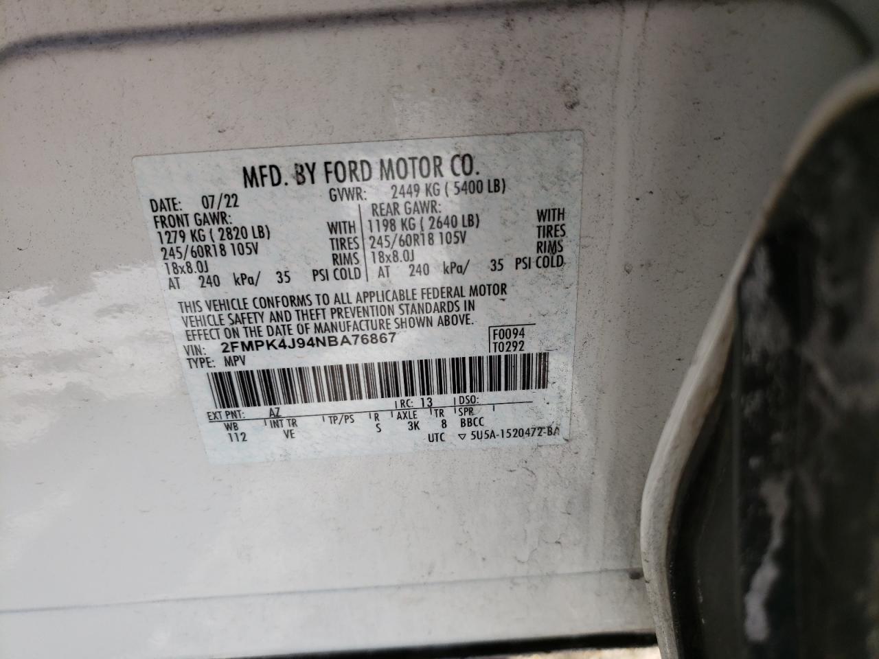 2022 FORD EDGE SEL VIN:2FMPK4J94NBA76867