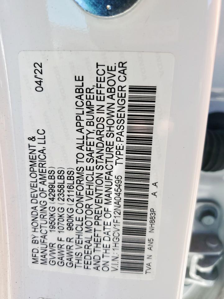 2022 HONDA ACCORD LX VIN:1HGCV1F12NA045495