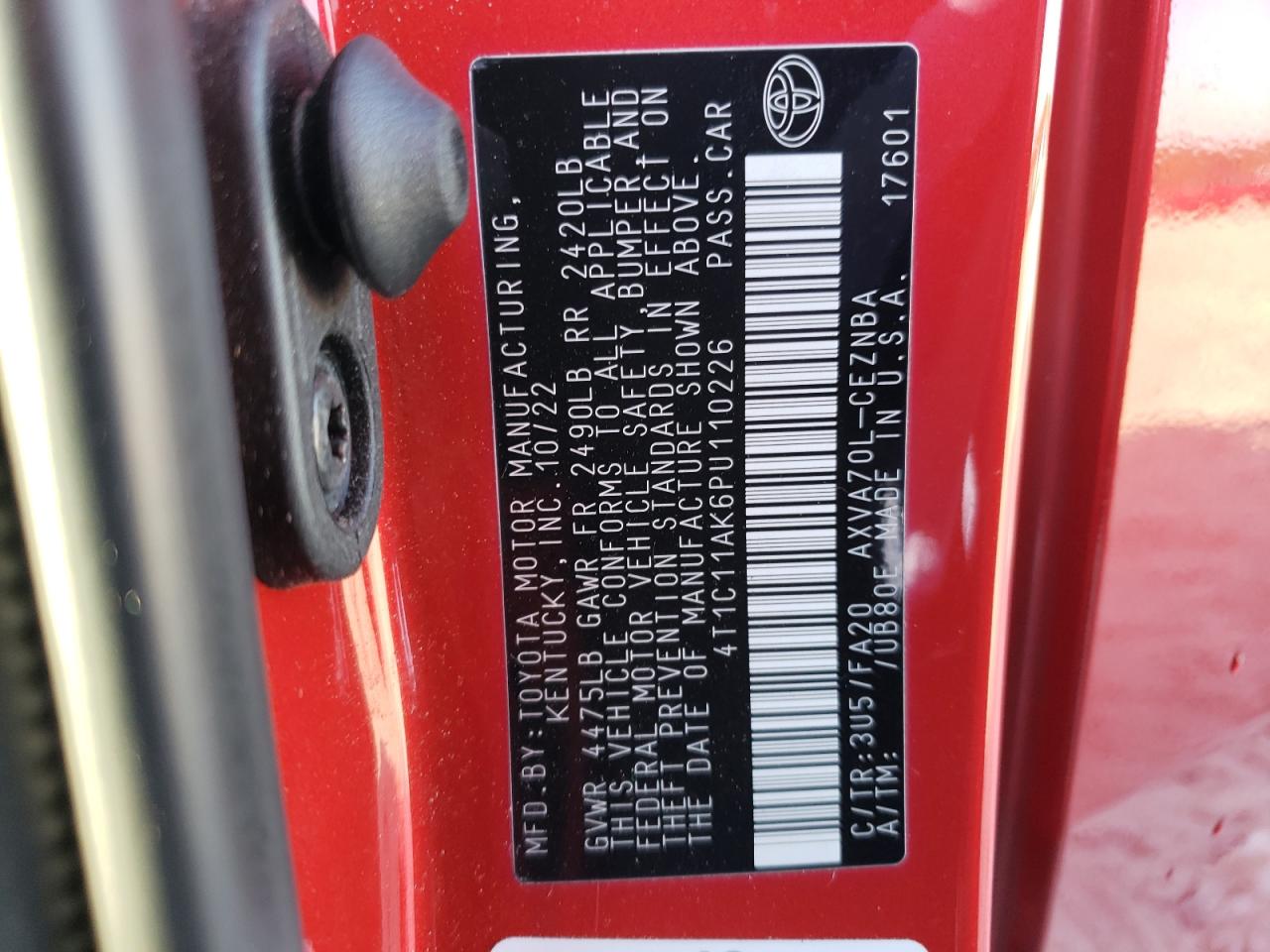 2023 TOYOTA CAMRY LE VIN:4T1C11AK6PU110226