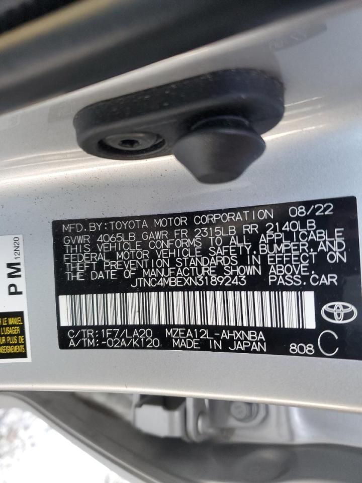 2022 TOYOTA COROLLA XSE VIN:JTNC4MBEXN3189243