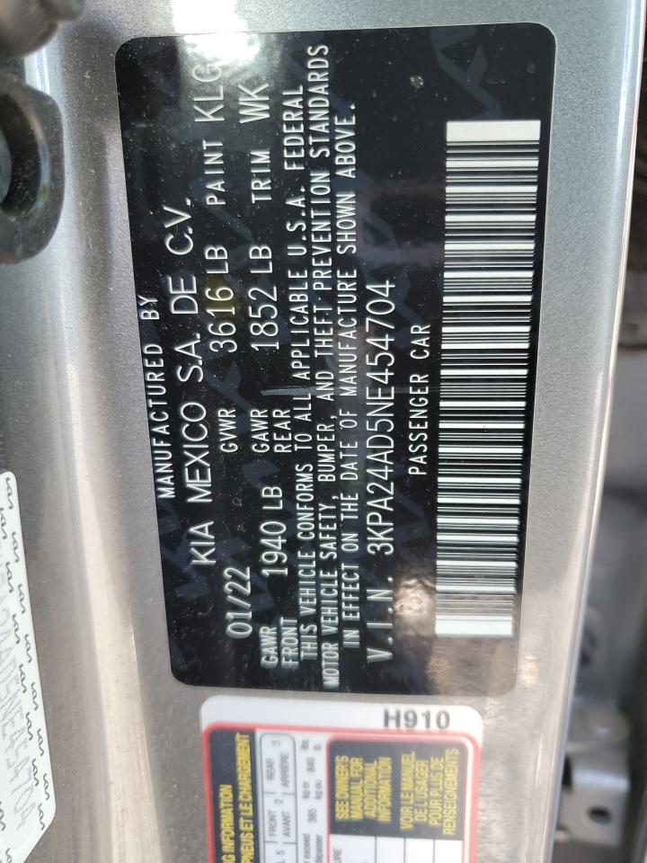 2022 KIA RIO LX VIN:3KPA24AD5NE454704