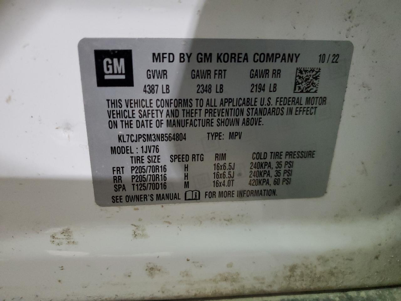 2022 CHEVROLET TRAX 1LT VIN:KL7CJPSM3NB564804