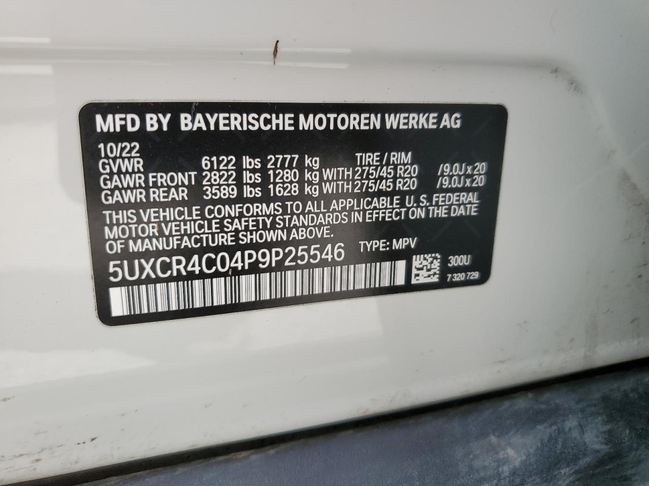 2023 BMW X5 SDRIVE 40I VIN:5UXCR4C04P9P25546