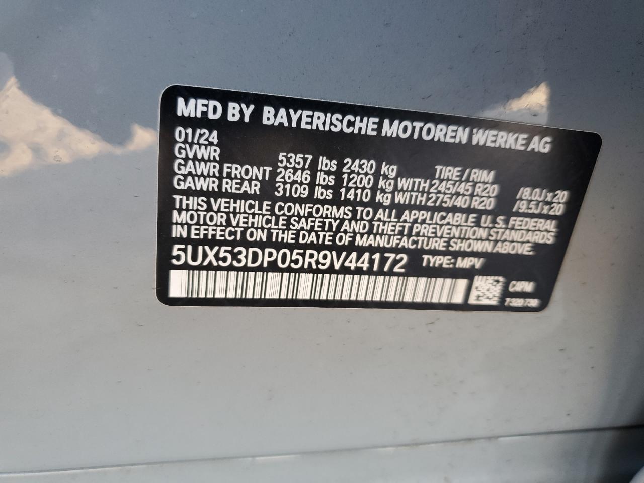 2024 BMW X3 XDRIVE30I VIN:5UX53DP05R9V44172