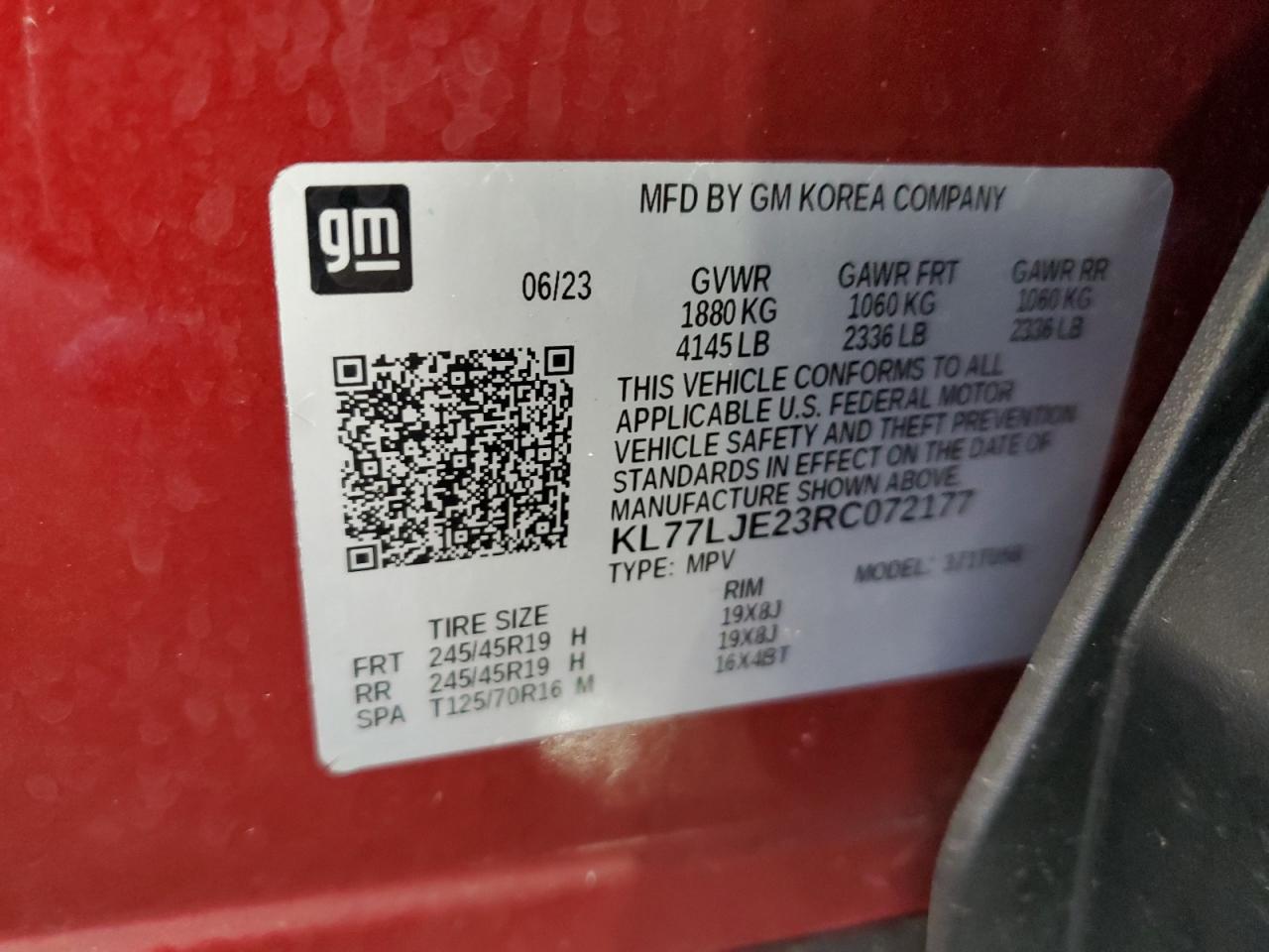 2024 CHEVROLET TRAX 2RS VIN:KL77LJE23RC072177