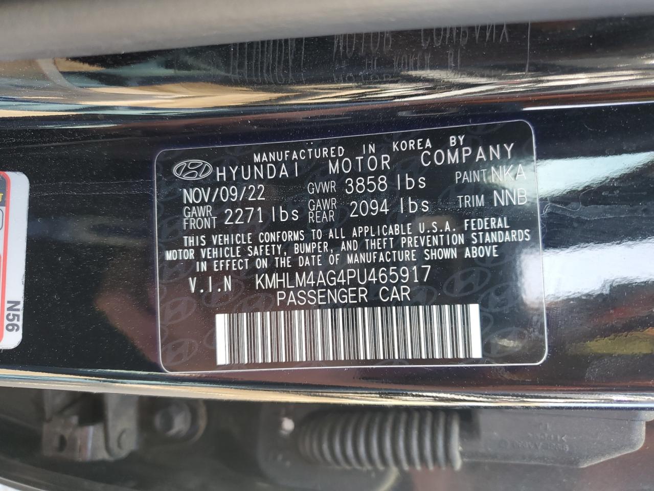 2023 HYUNDAI ELANTRA SEL VIN:KMHLM4AG4PU465917