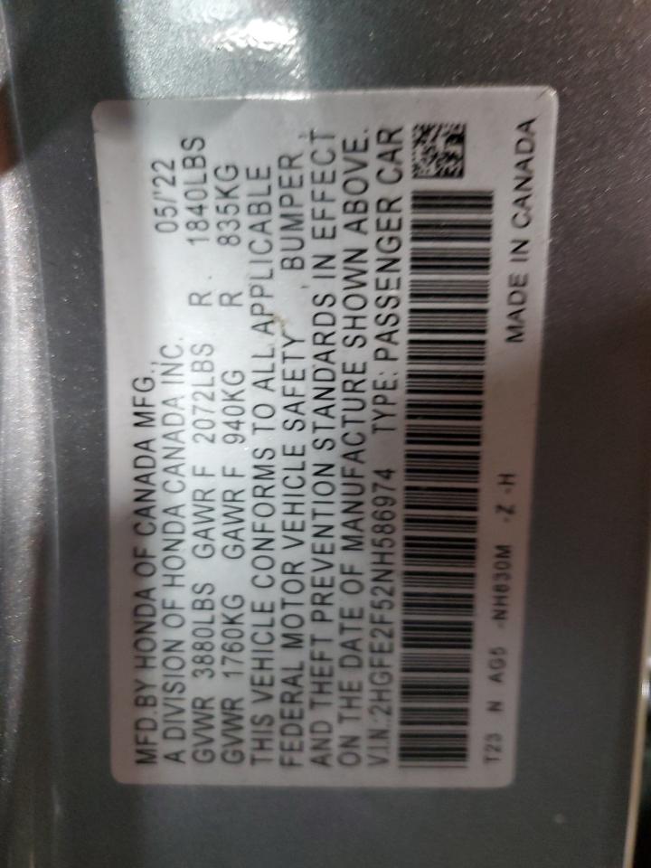 2022 HONDA CIVIC SPORT VIN:2HGFE2F52NH586974