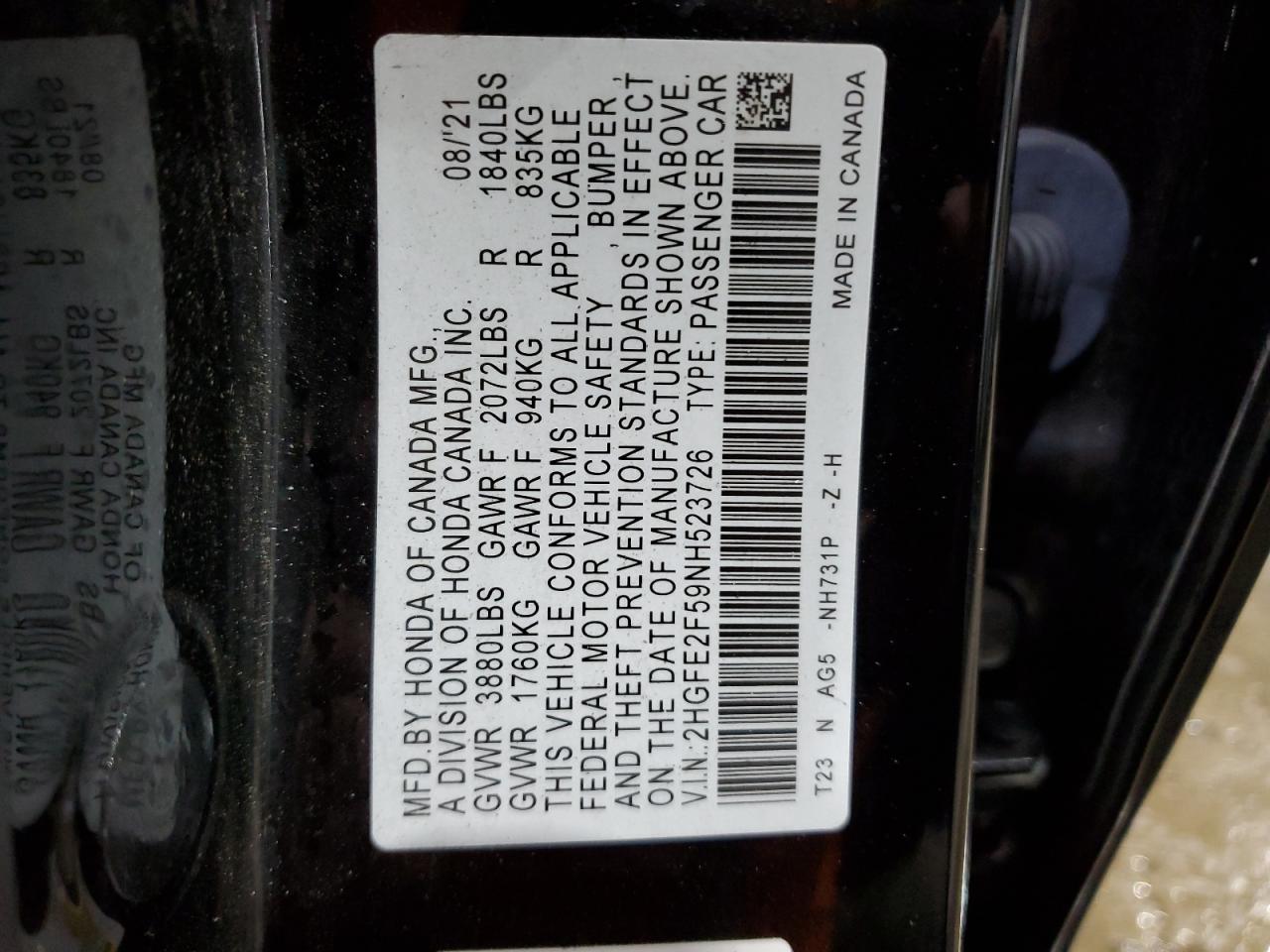 2022 HONDA CIVIC SPORT VIN:2HGFE2F59NH523726