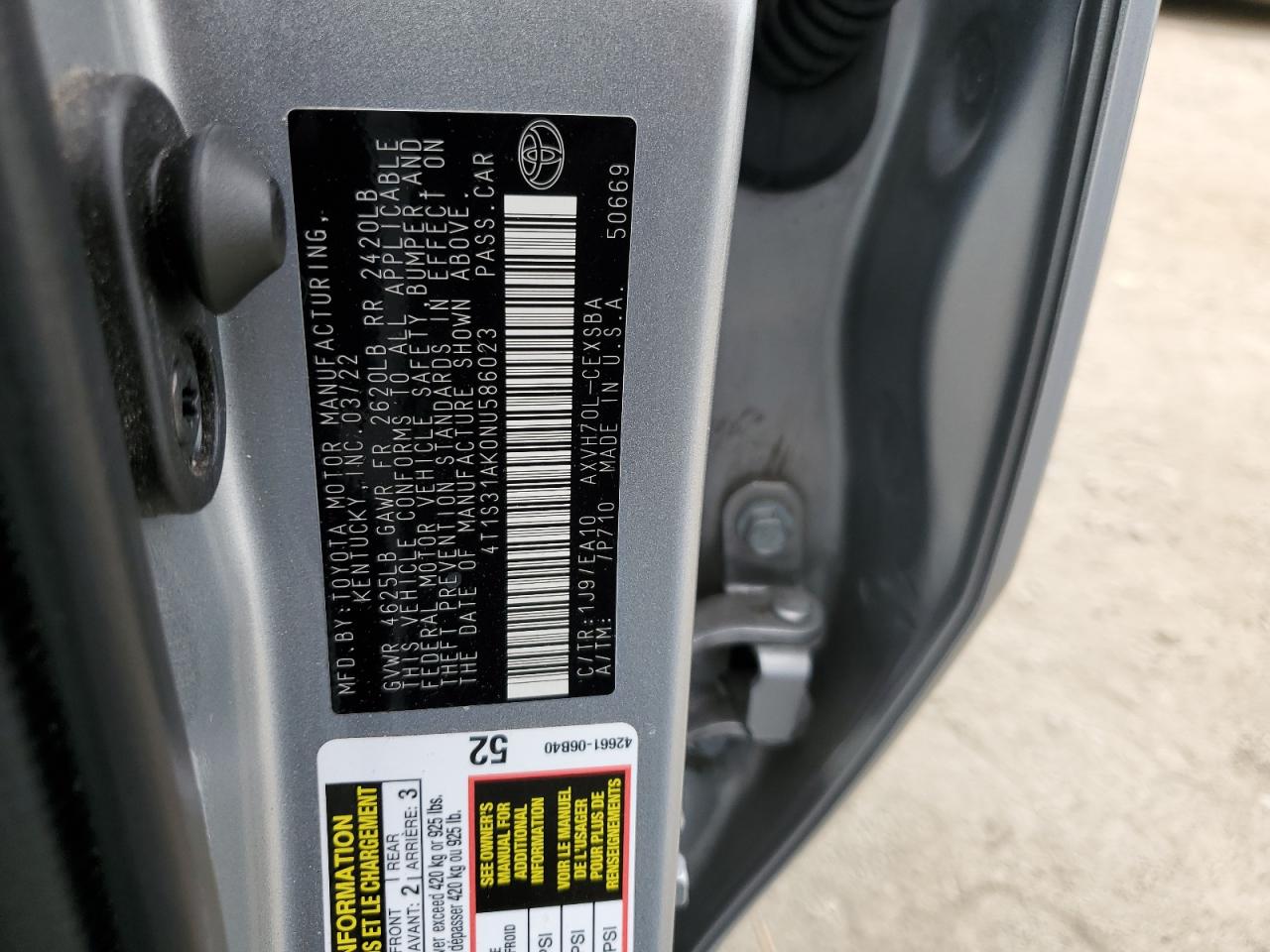 2022 TOYOTA CAMRY NIGHT SHADE VIN:4T1S31AK0NU586023