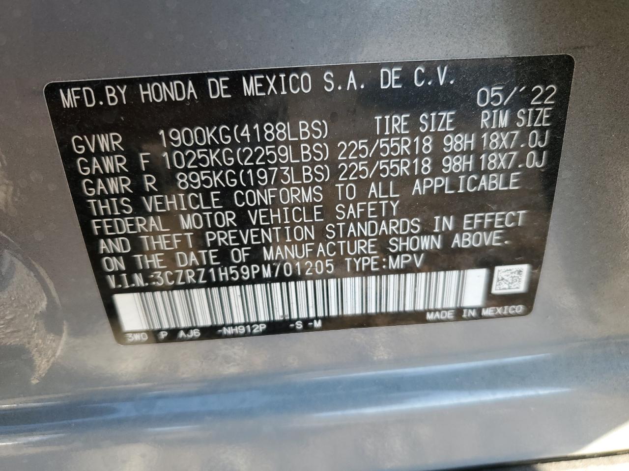 2023 HONDA HR-V SPORT VIN:3CZRZ1H59PM701205