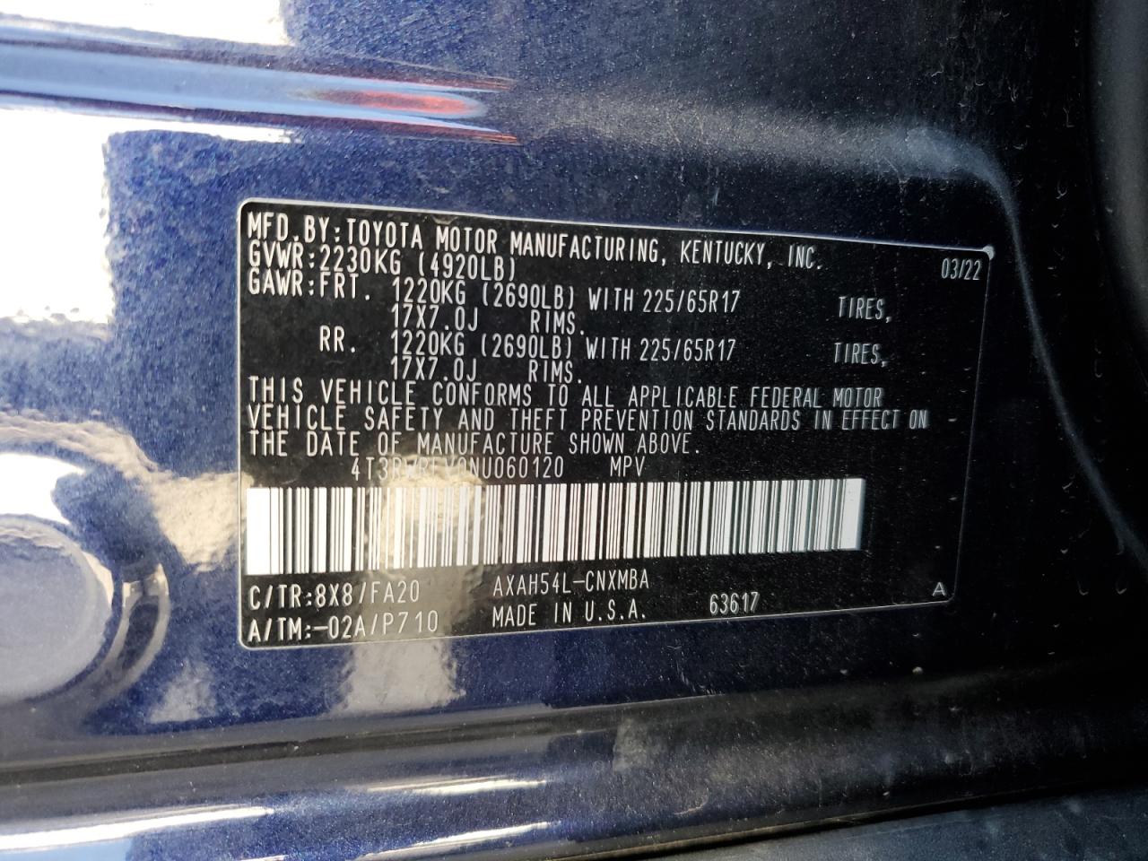 2022 TOYOTA RAV4 XLE VIN:4T3RWRFV0NU060120