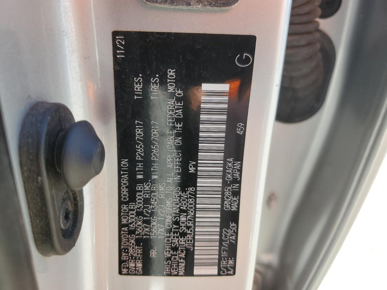 2022 TOYOTA 4RUNNER SR5 PREMIUM VIN:JTERU5JR7N6008778