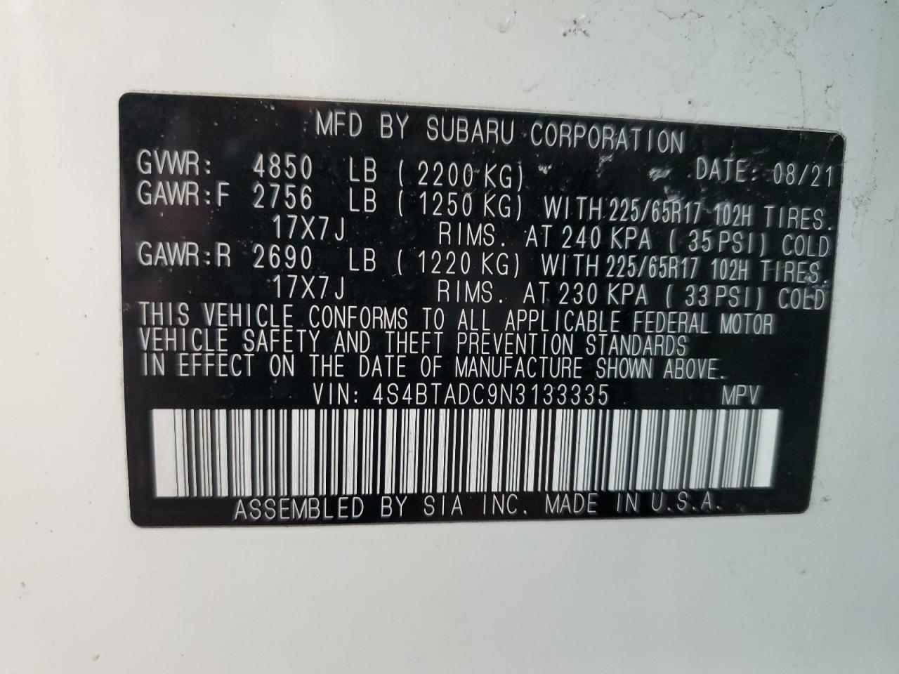 2022 SUBARU OUTBACK PREMIUM VIN:4S4BTADC9N3133335