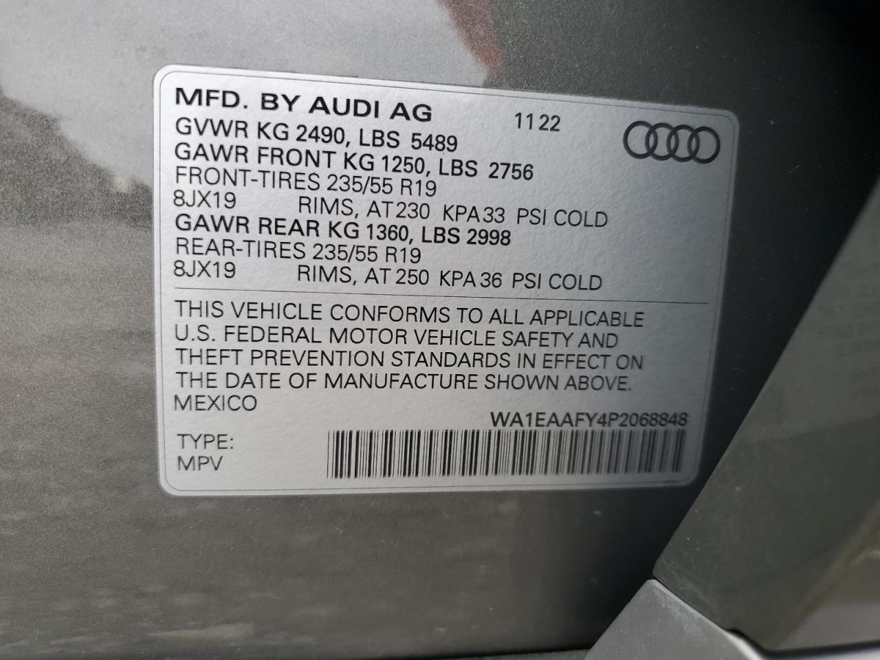 2023 AUDI Q5 PREMIUM PLUS 45 VIN:WA1EAAFY4P2068848