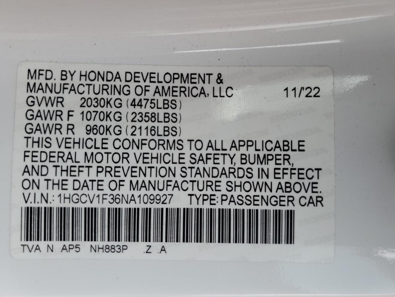 2022 HONDA ACCORD SPORT VIN:1HGCV1F36NA109927