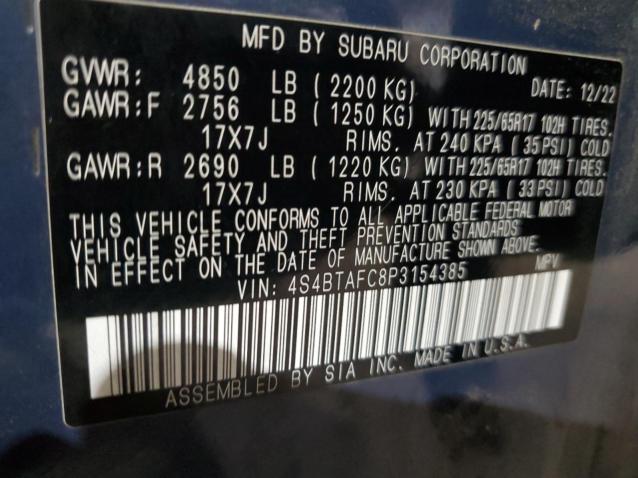 2023 SUBARU OUTBACK PREMIUM VIN:4S4BTAFC8P3154385