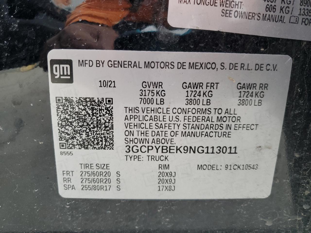 2022 CHEVROLET SILVERADO LTD K1500 CUSTOM VIN:3GCPYBEK9NG113011