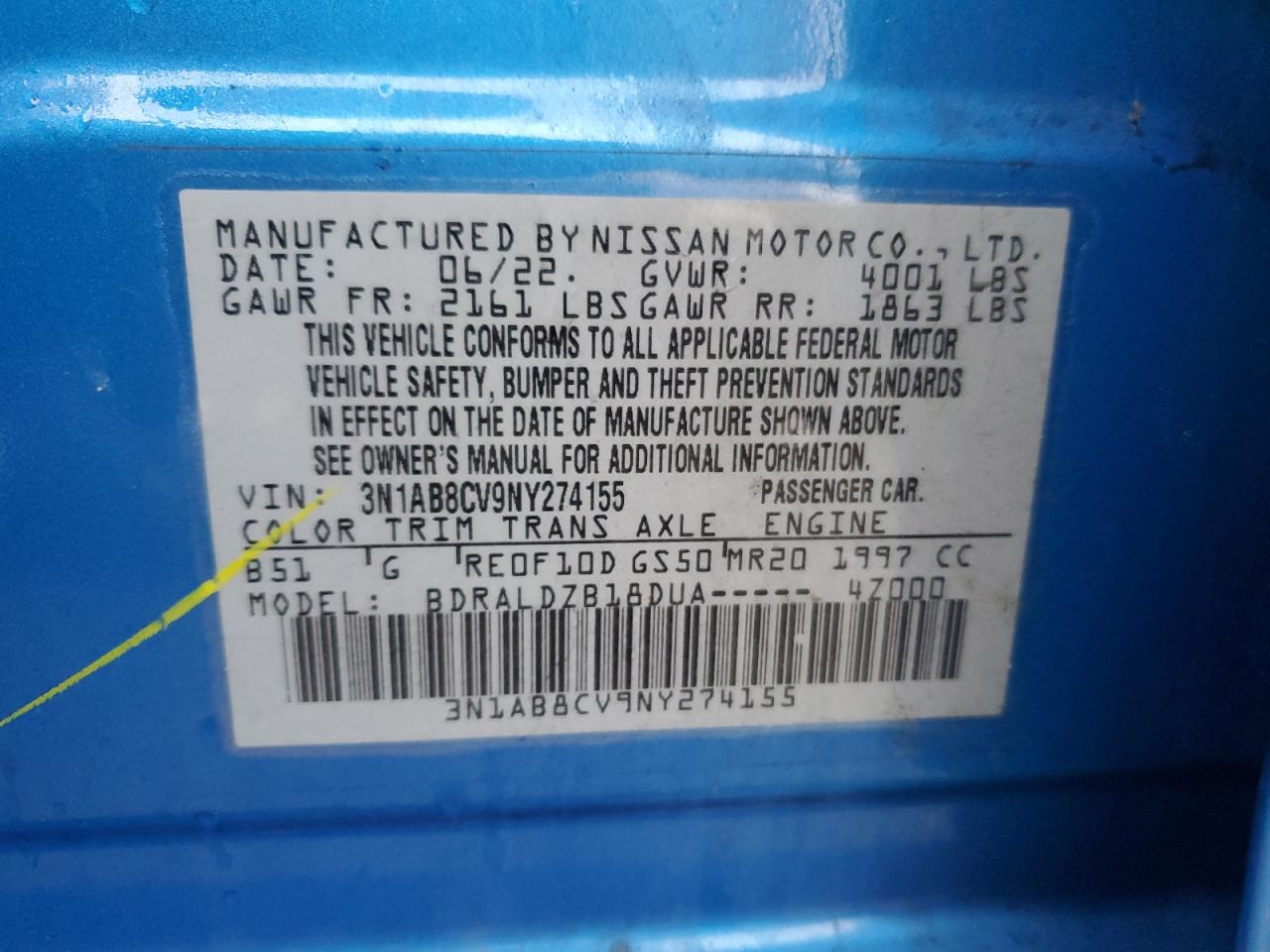2022 NISSAN SENTRA SV VIN:3N1AB8CV9NY274155