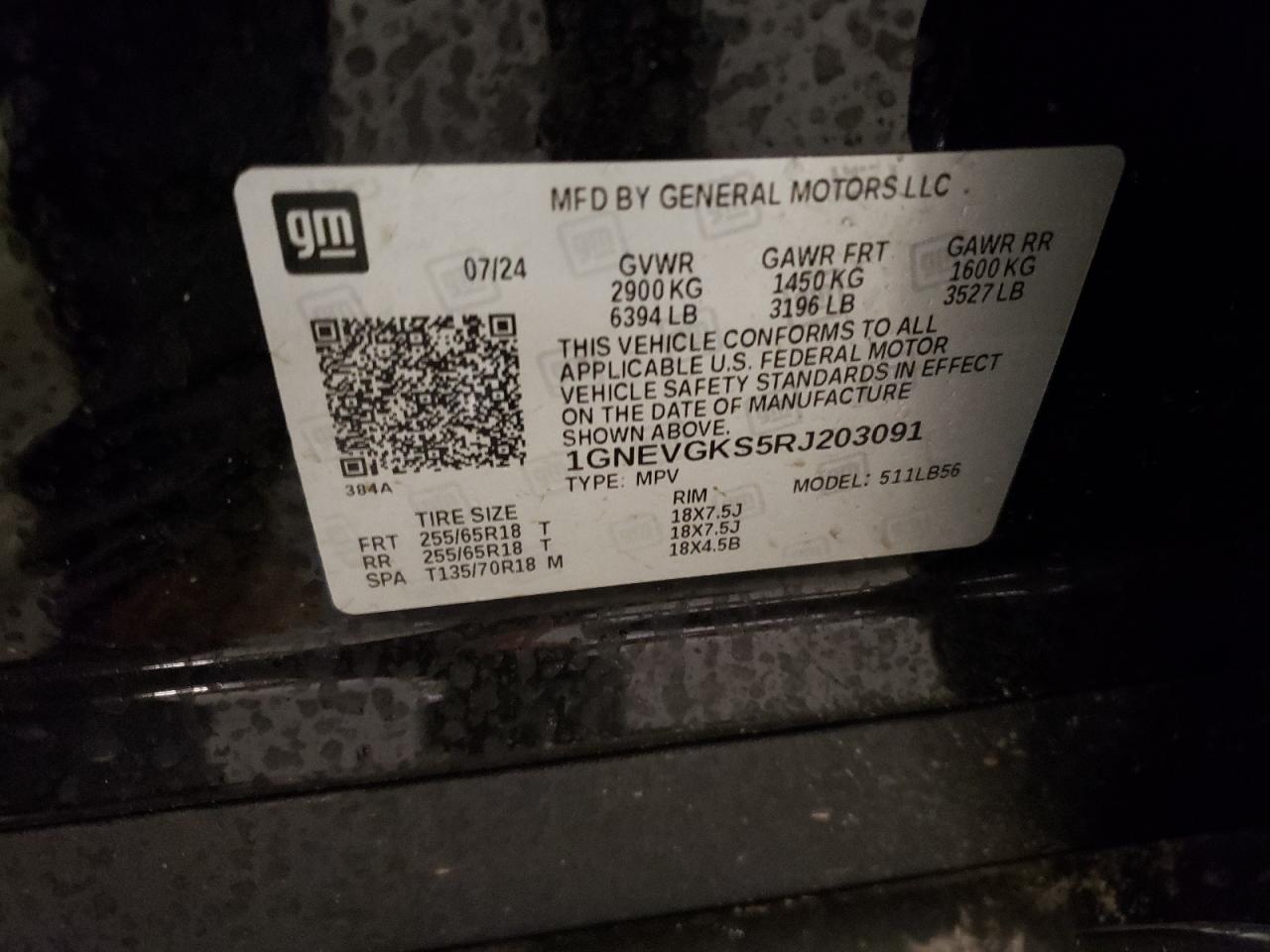 2024 CHEVROLET TRAVERSE LT VIN:1GNEVGKS5RJ203091