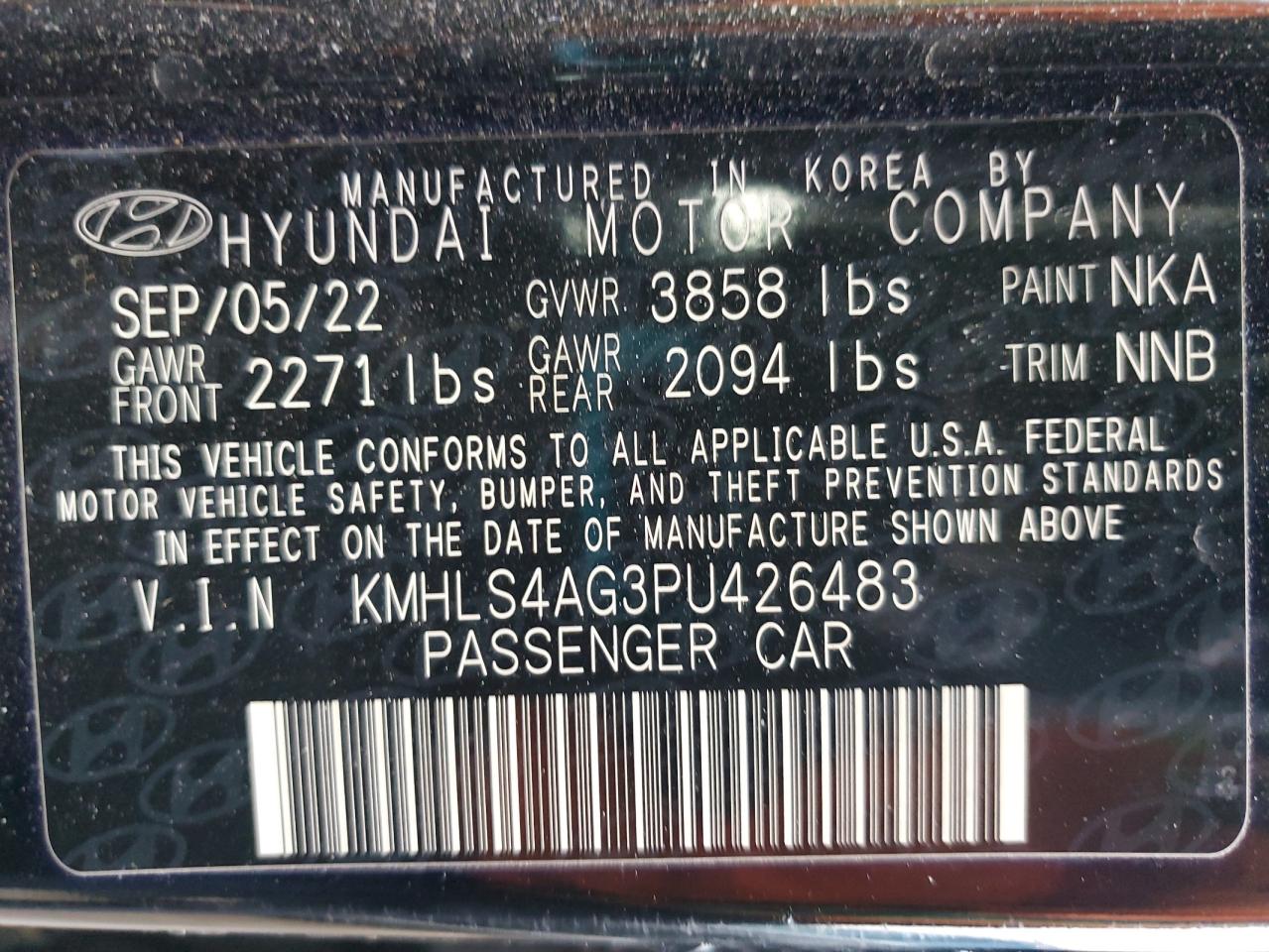 2023 HYUNDAI ELANTRA SEL VIN:KMHLS4AG3PU426483