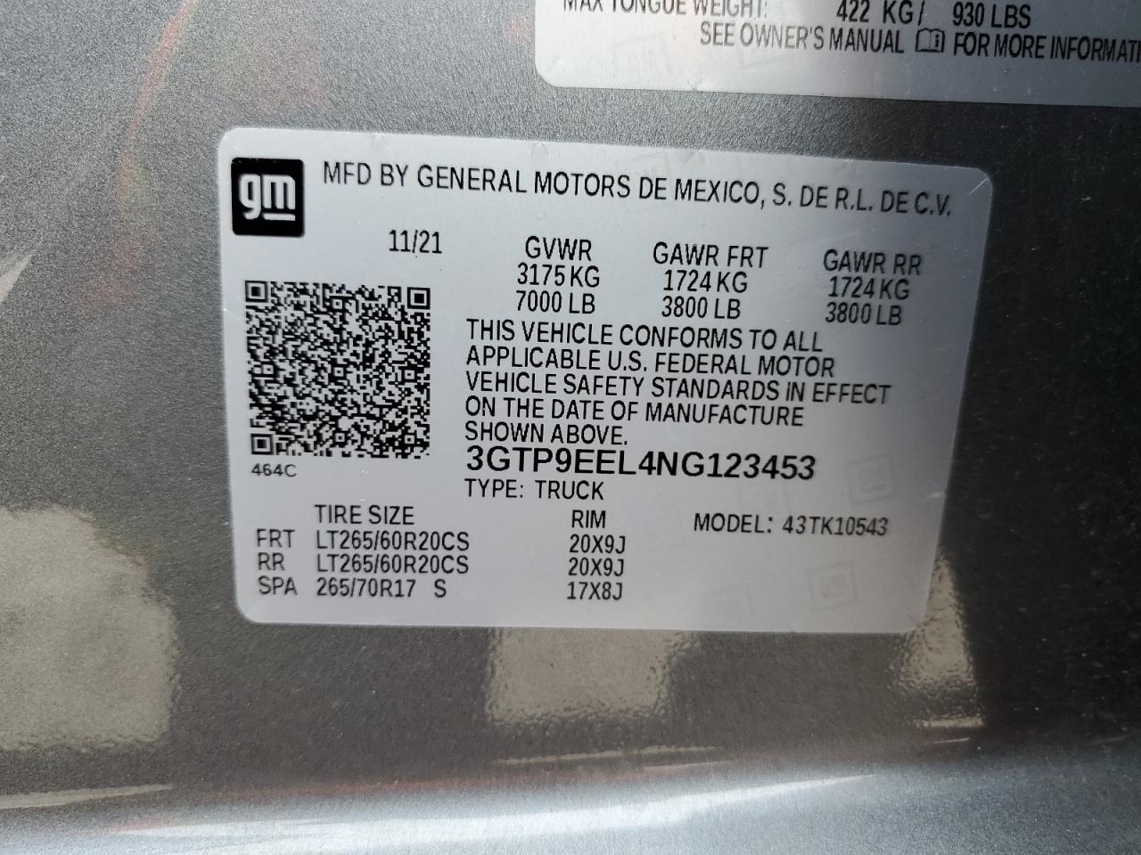 2022 GMC SIERRA LIMITED K1500 AT4 VIN:3GTP9EEL4NG123453