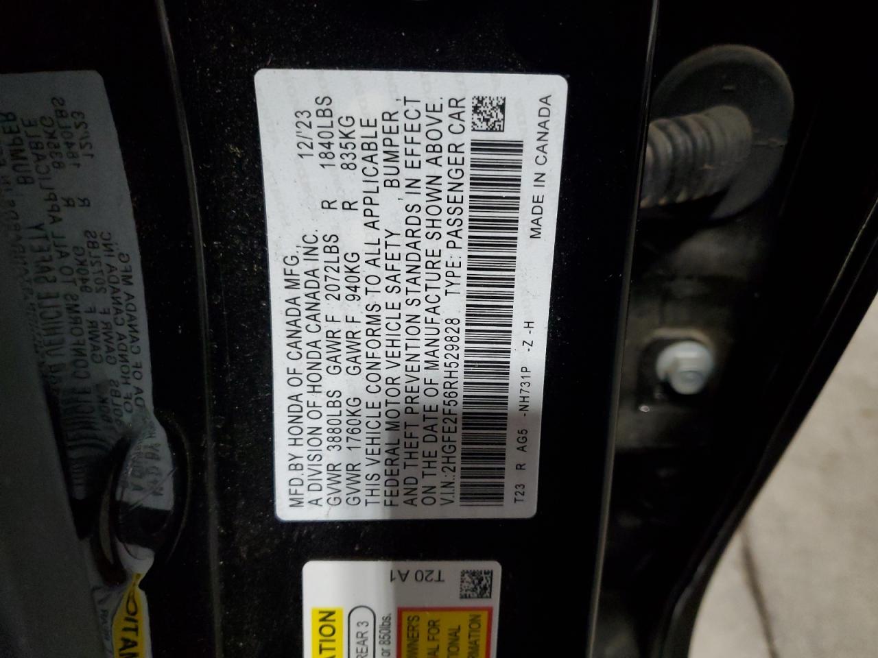 2024 HONDA CIVIC SPORT VIN:2HGFE2F56RH529828