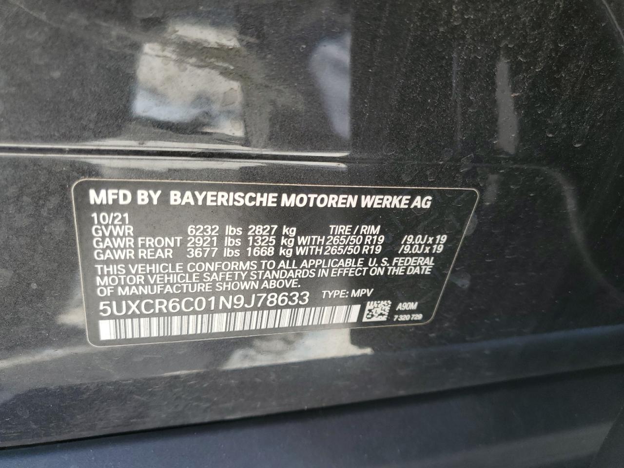 2022 BMW X5 XDRIVE40I VIN:5UXCR6C01N9J78633