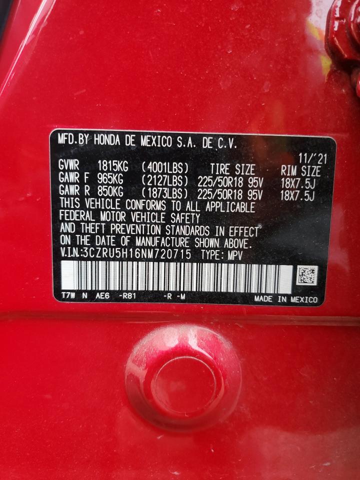 2022 HONDA HR-V SPORT VIN:3CZRU5H16NM720715