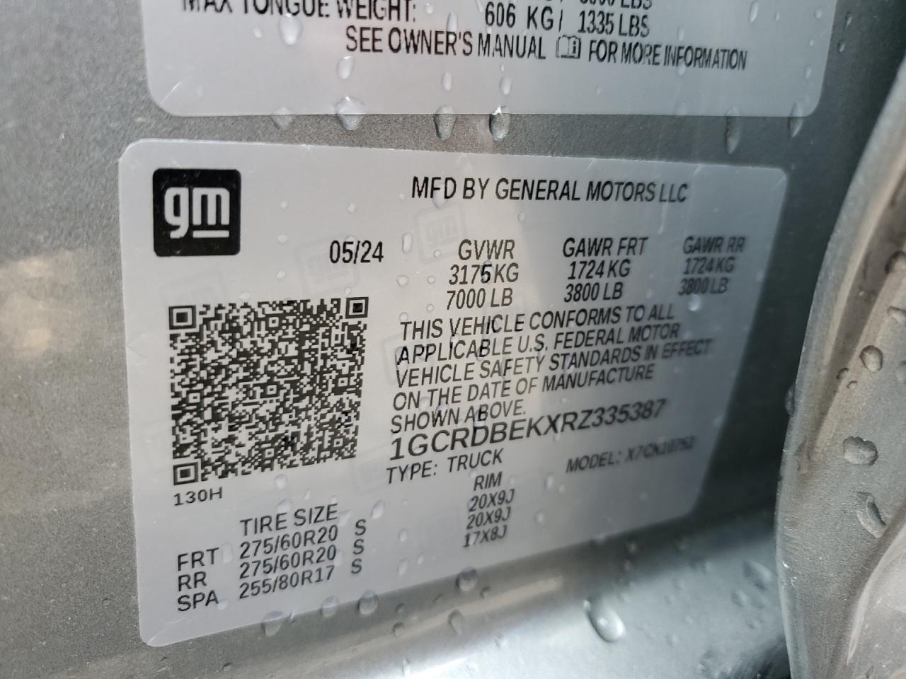 2024 CHEVROLET SILVERADO K1500 CUSTOM VIN:1GCRDBEKXRZ335387