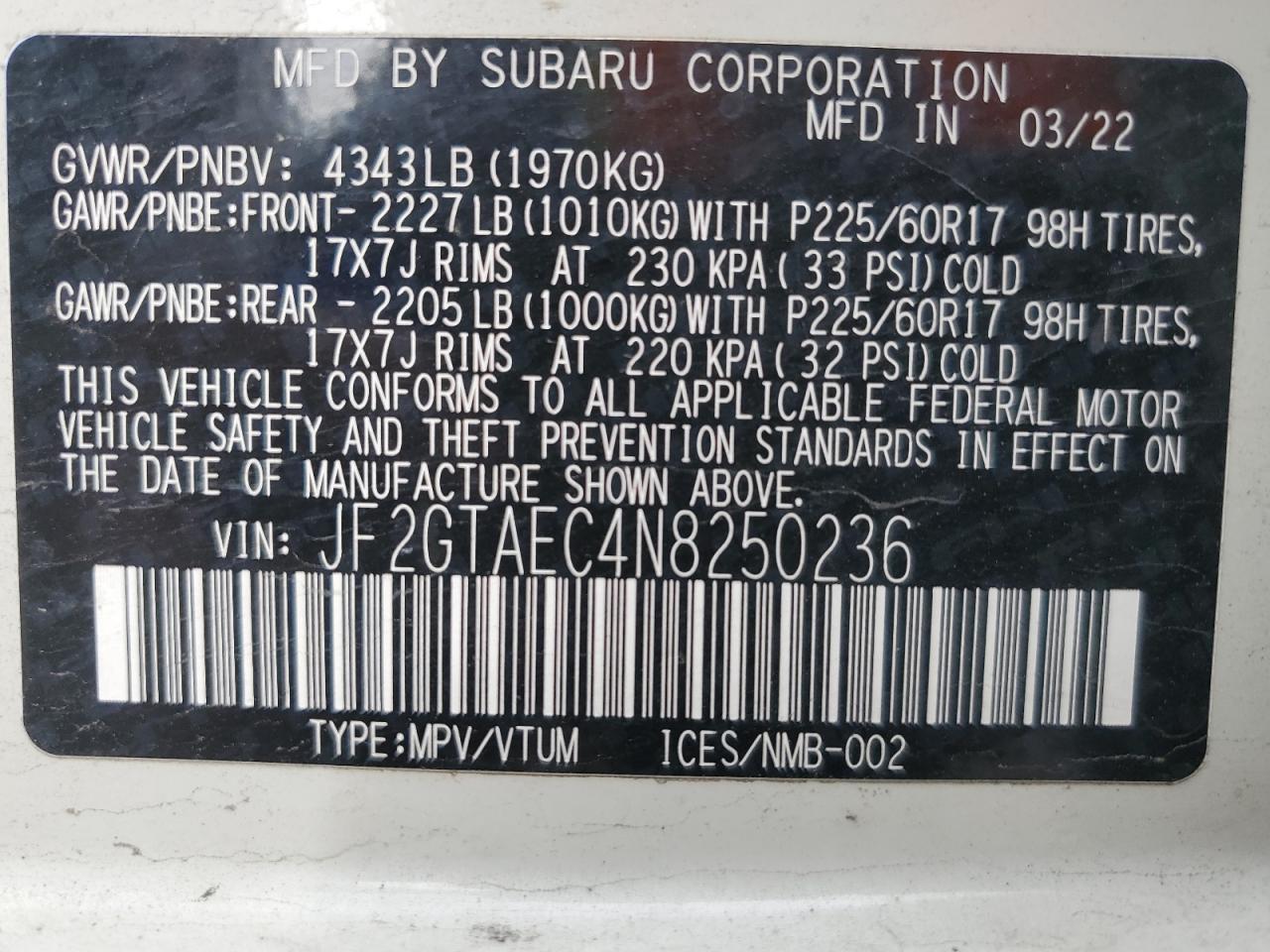 2022 SUBARU CROSSTREK PREMIUM VIN:JF2GTAEC4N8250236