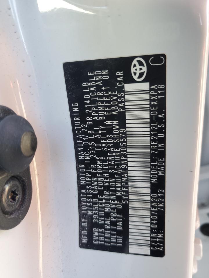 2022 TOYOTA COROLLA XLE VIN:5YFFPMAE9NP305579