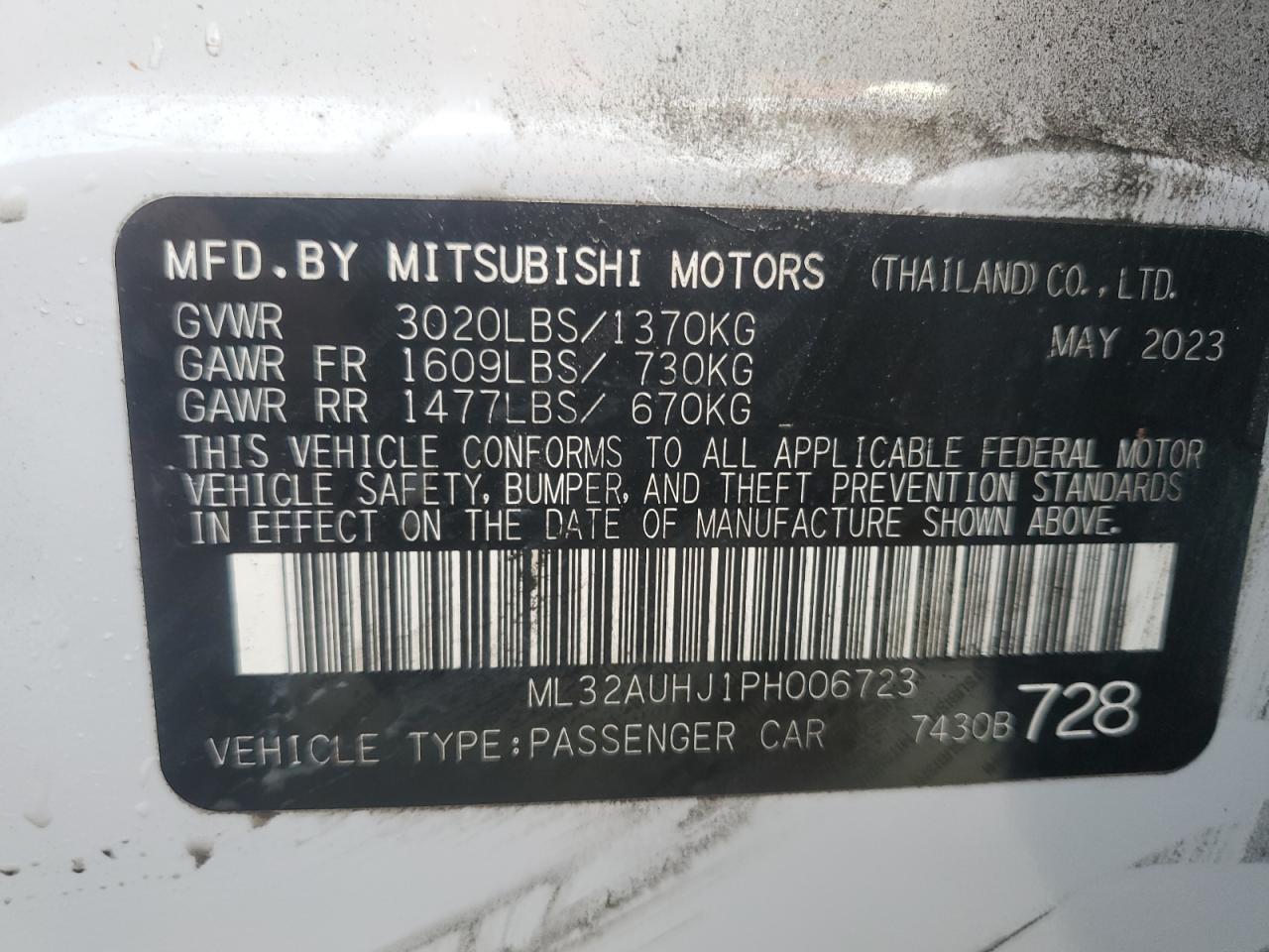 2023 MITSUBISHI MIRAGE ES VIN:ML32AUHJ1PH006723