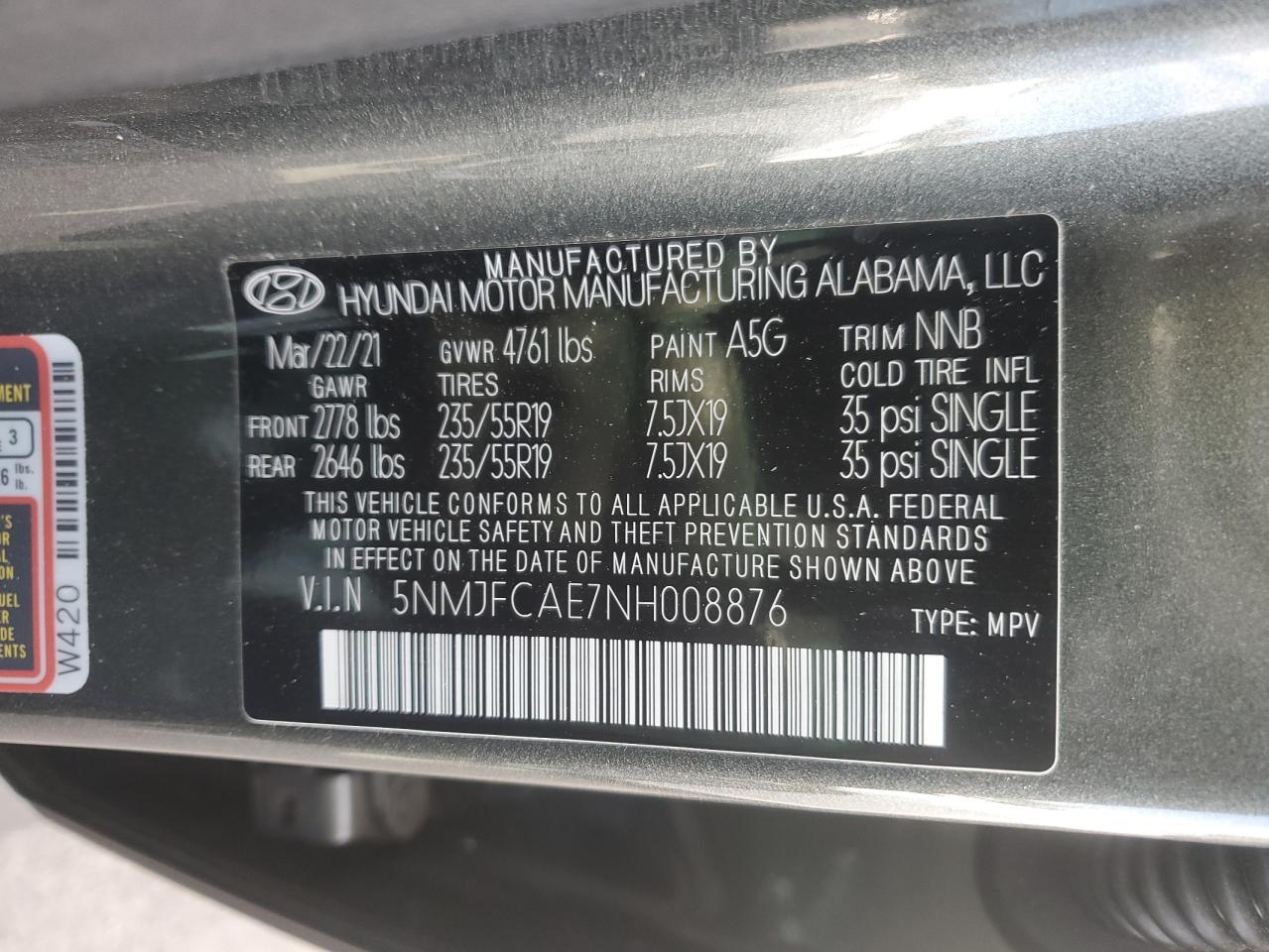 2022 HYUNDAI TUCSON SEL VIN:5NMJFCAE7NH008876