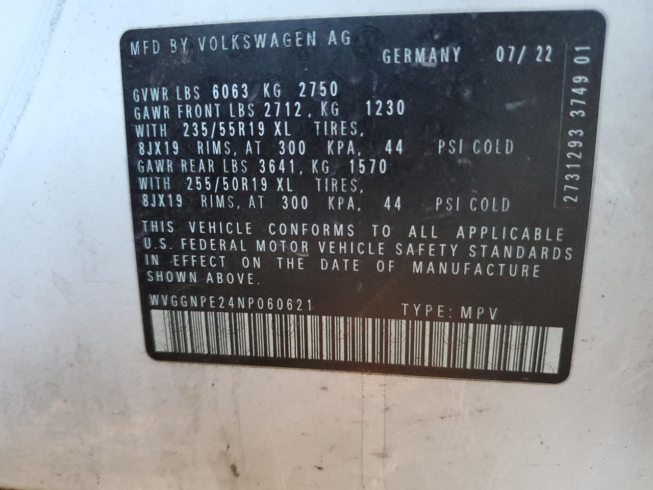 2022 VOLKSWAGEN ID.4 PRO S VIN:WVGGNPE24NP060621
