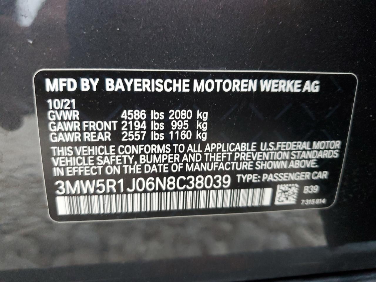 2022 BMW 330I  VIN:3MW5R1J06N8C38039