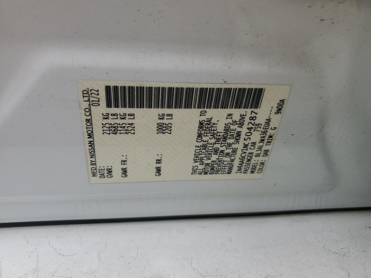 2022 NISSAN MAXIMA SV VIN:1N4AA6CV1NC504287