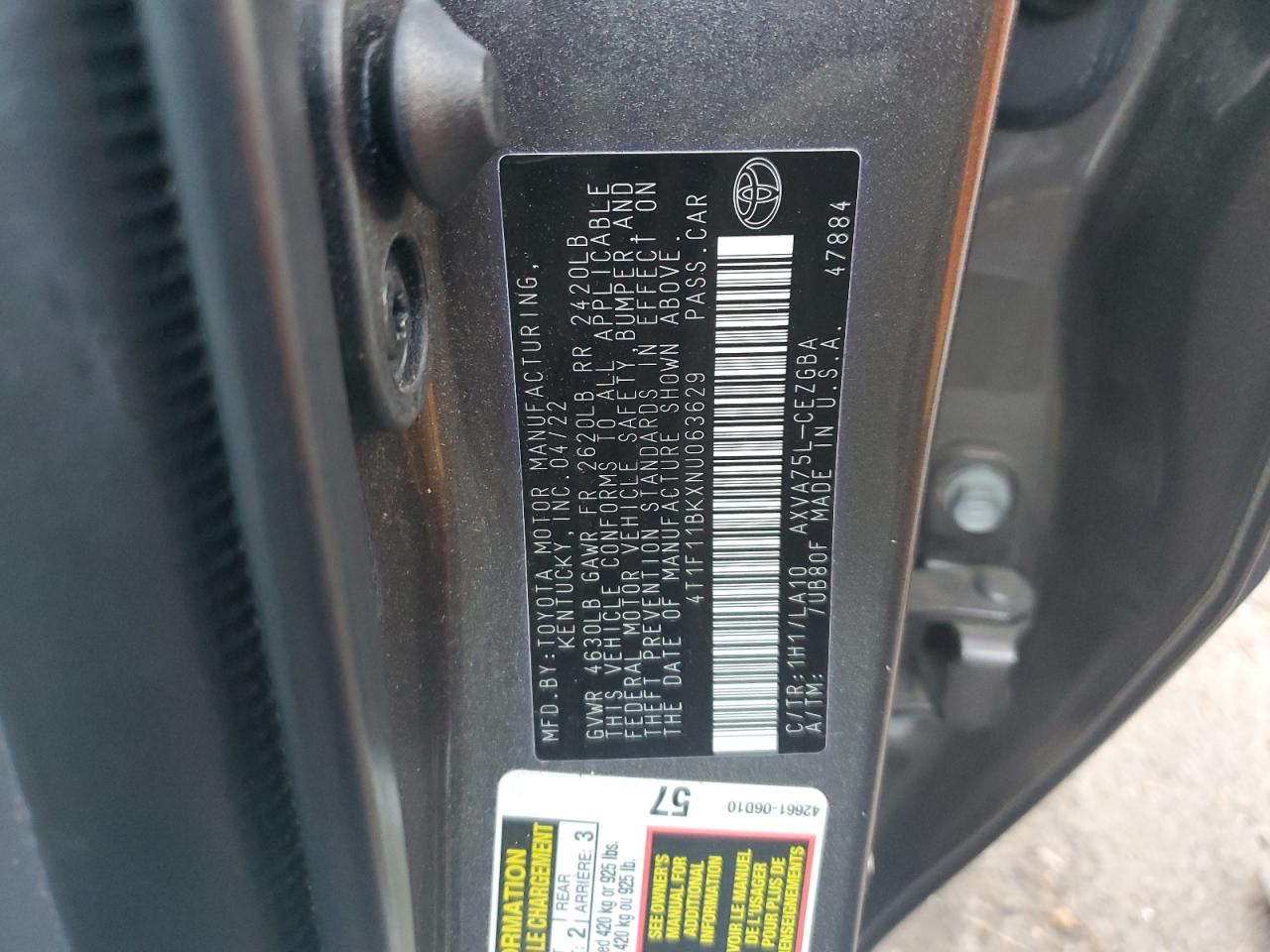 2022 TOYOTA CAMRY XLE VIN:4T1F11BKXNU063629