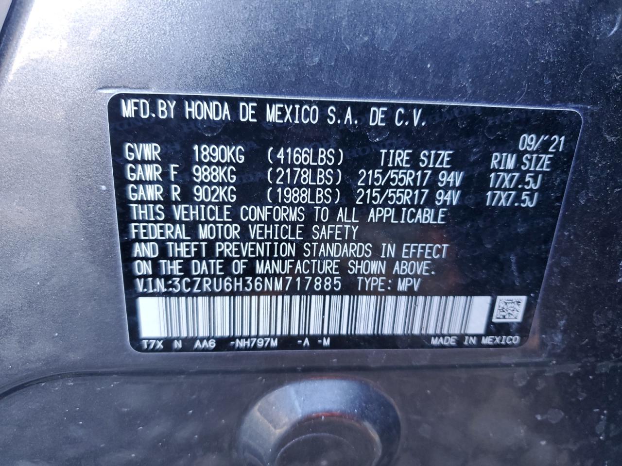 2022 HONDA HR-V LX VIN:3CZRU6H36NM717885