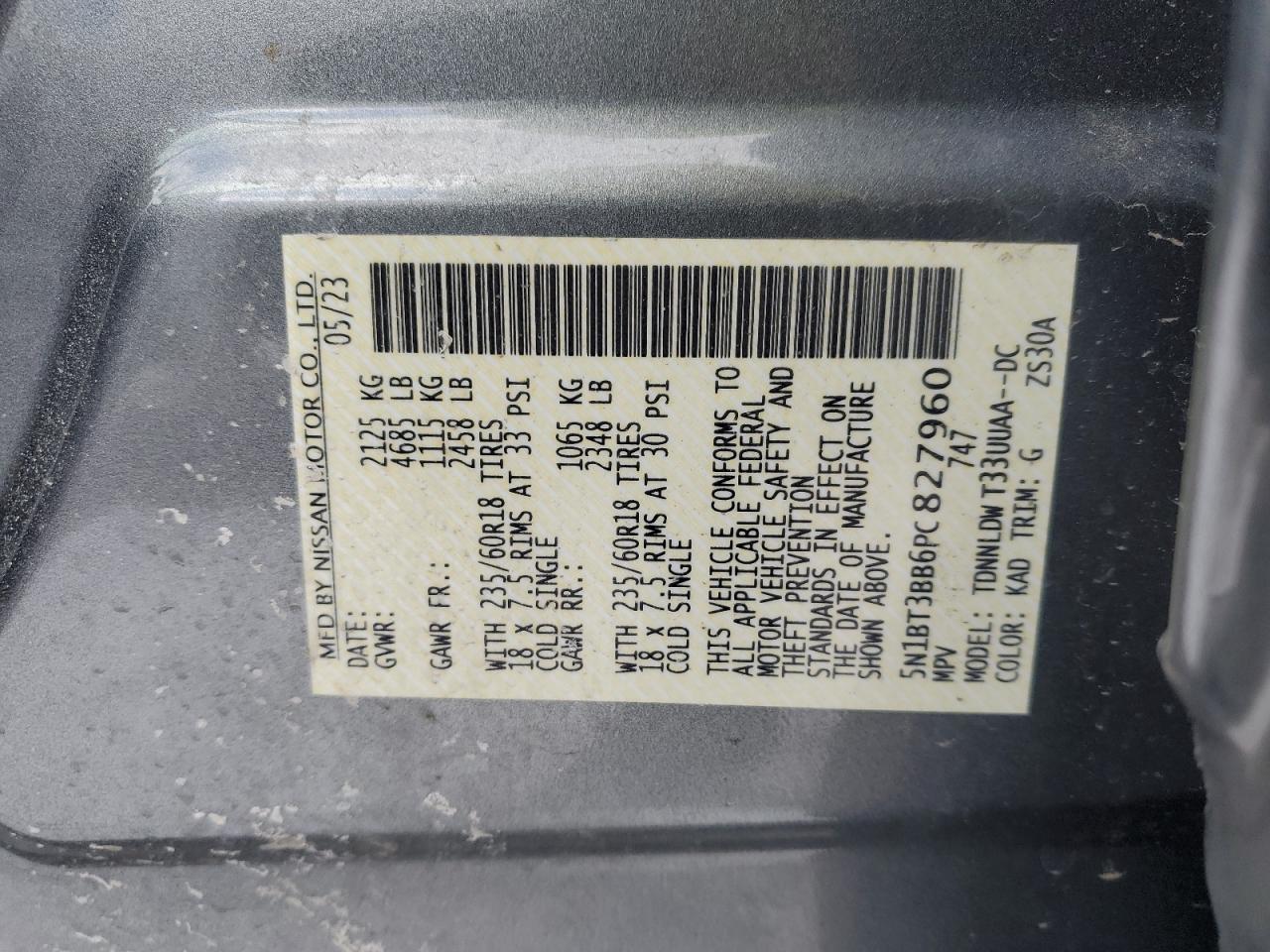2023 NISSAN ROGUE SV VIN:5N1BT3BB6PC827960