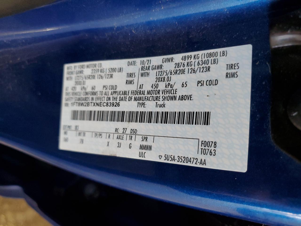 2022 FORD F250 SUPER DUTY VIN:1FT8W2BTXNEC83926