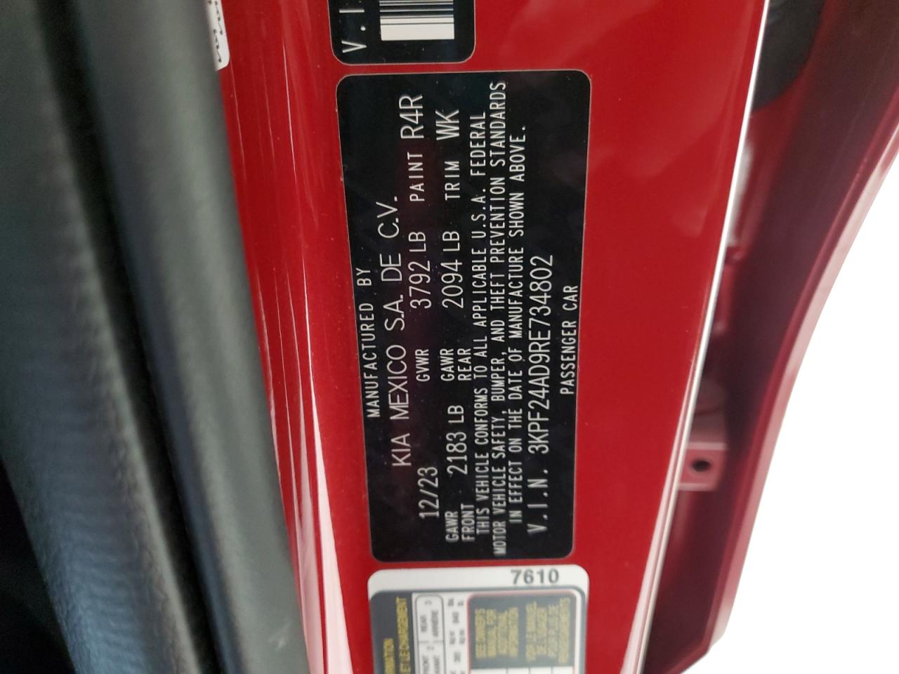 2024 KIA FORTE LX VIN:3KPF24AD9RE734802