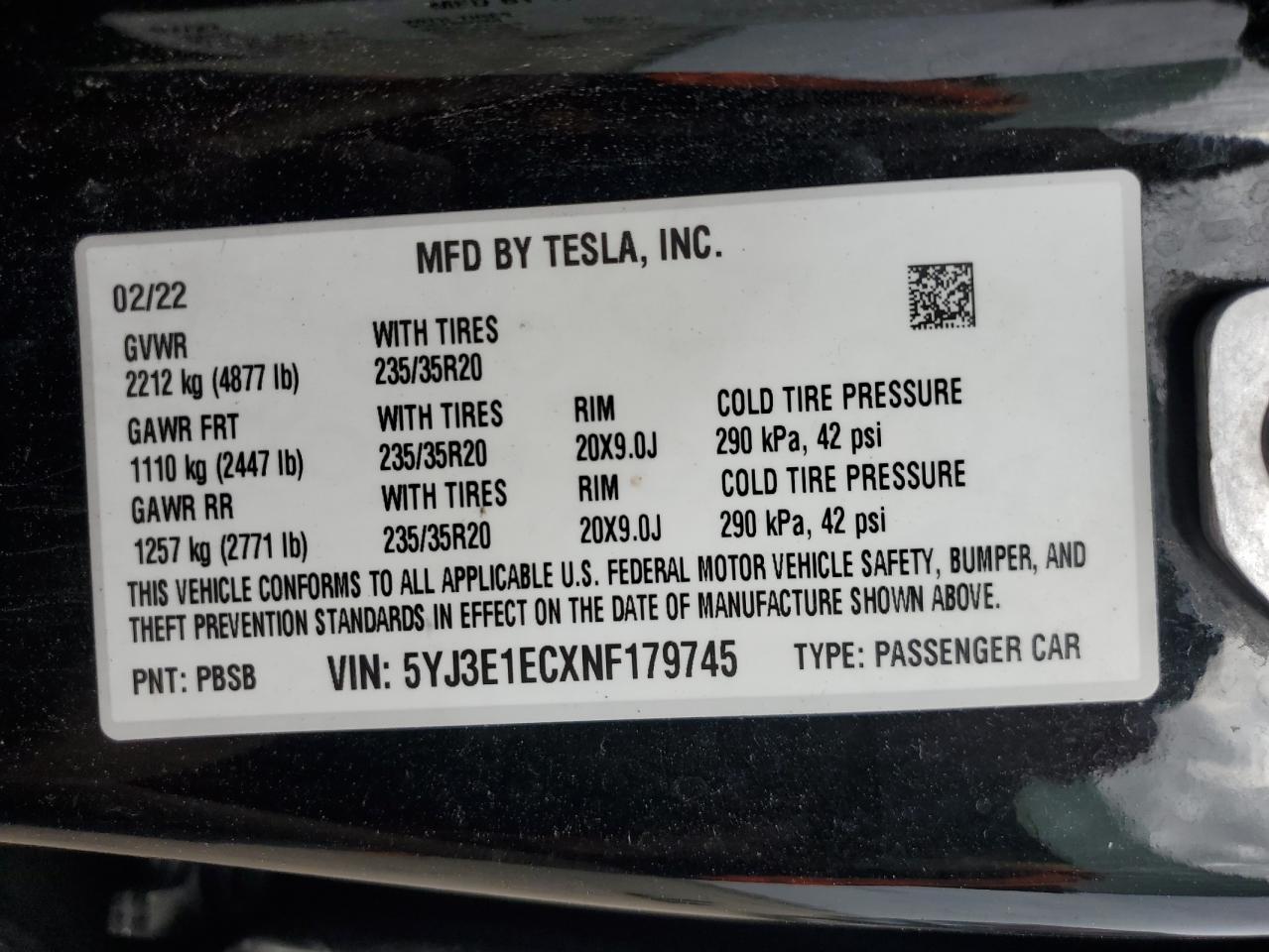 2022 TESLA MODEL 3  VIN:5YJ3E1ECXNF179745