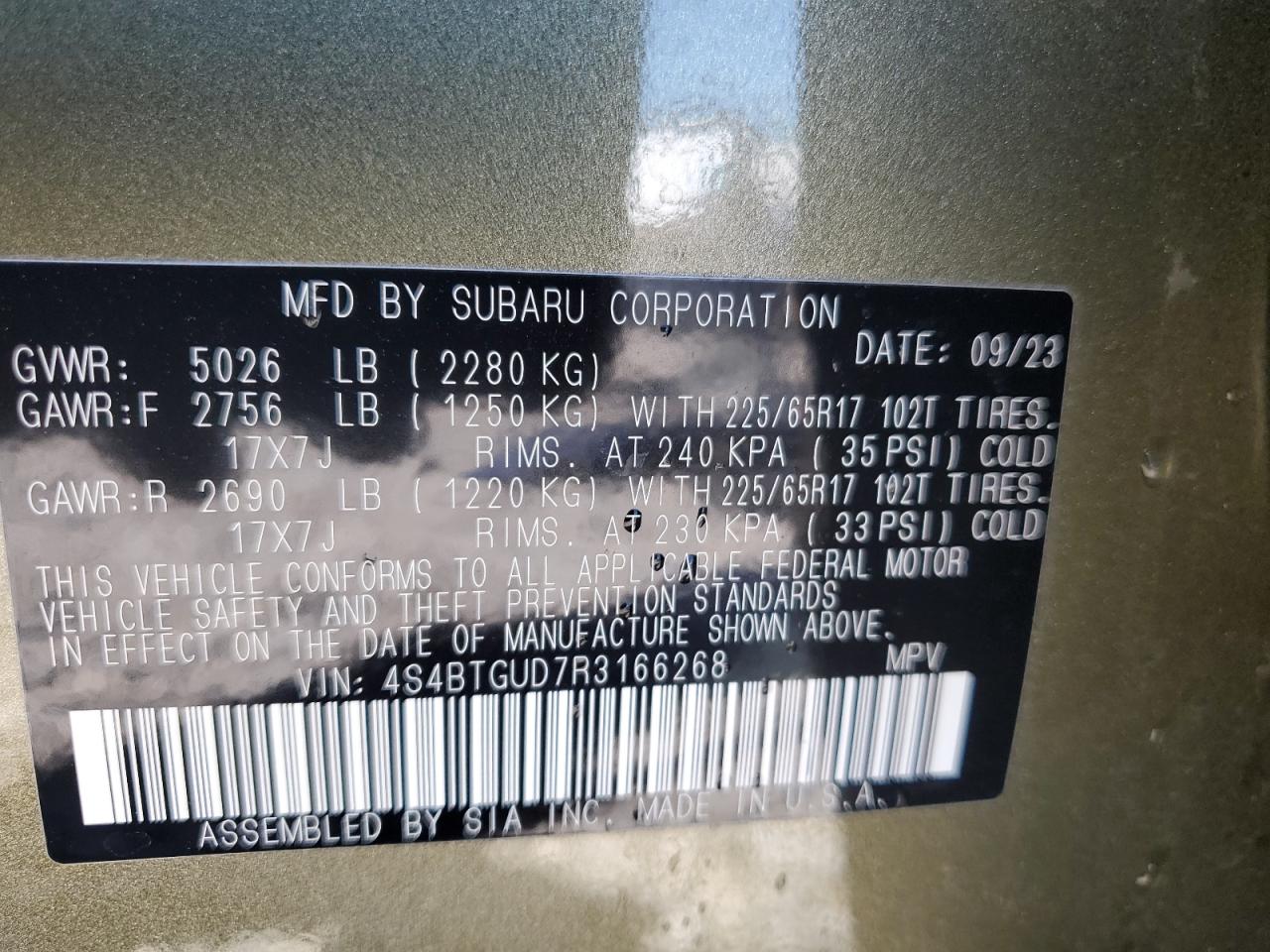 2024 SUBARU OUTBACK WILDERNESS VIN:4S4BTGUD7R3166268