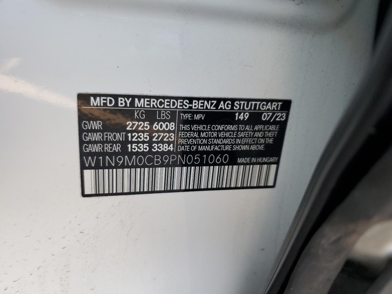 2023 MERCEDES-BENZ EQB 250+ VIN:W1N9M0CB9PN051060