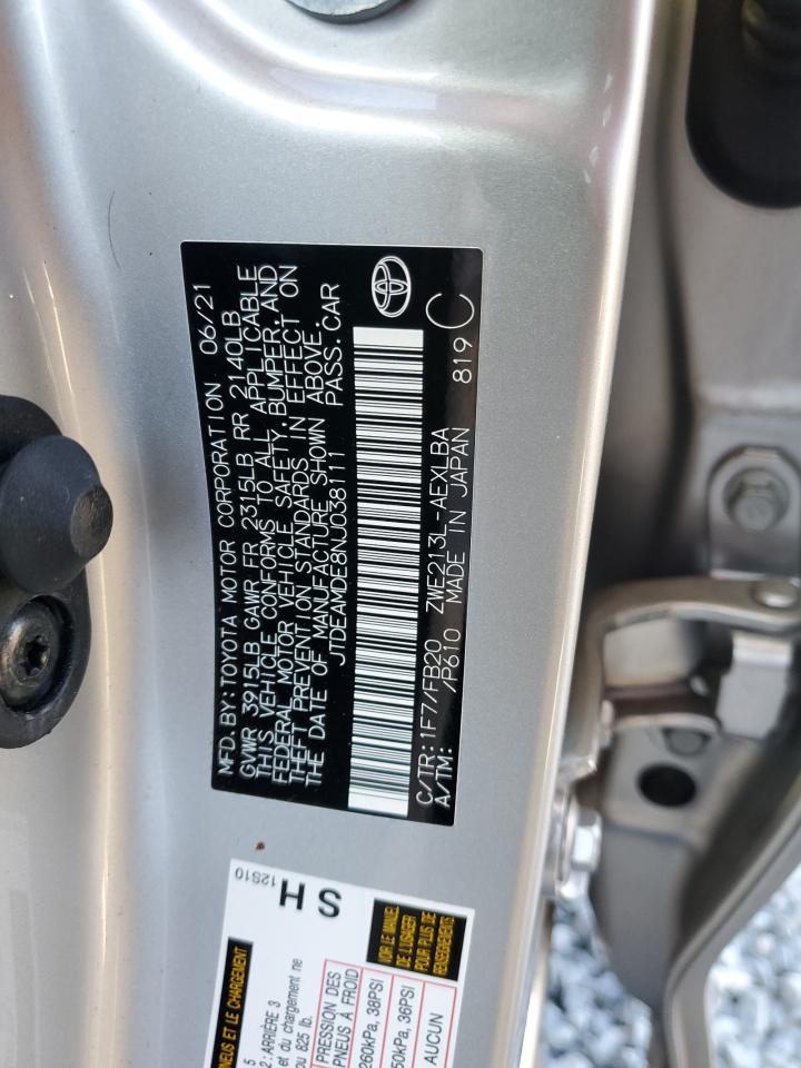 2022 TOYOTA COROLLA LE VIN:JTDEAMDE8NJ038111