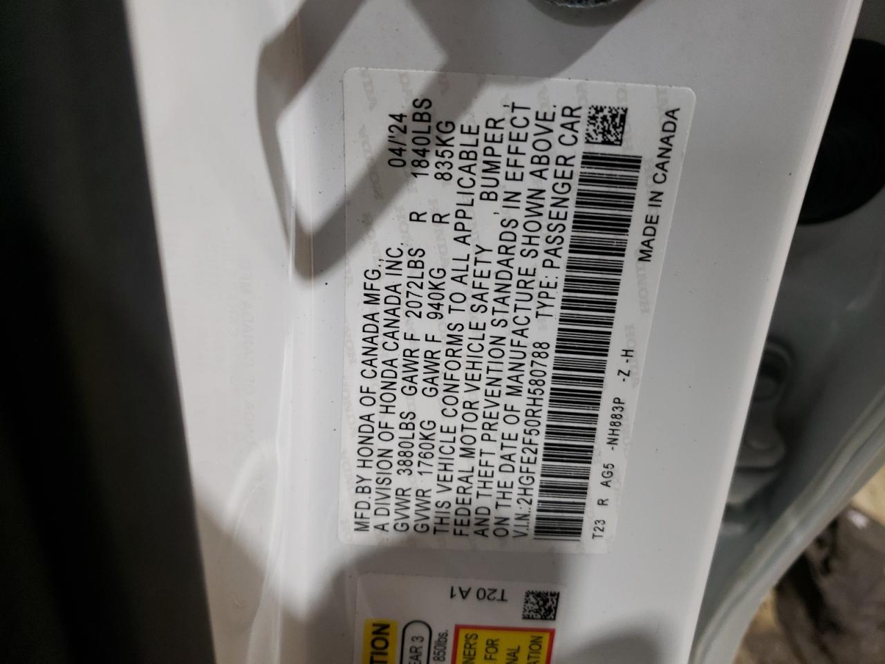 2024 HONDA CIVIC SPORT VIN:2HGFE2F50RH580788